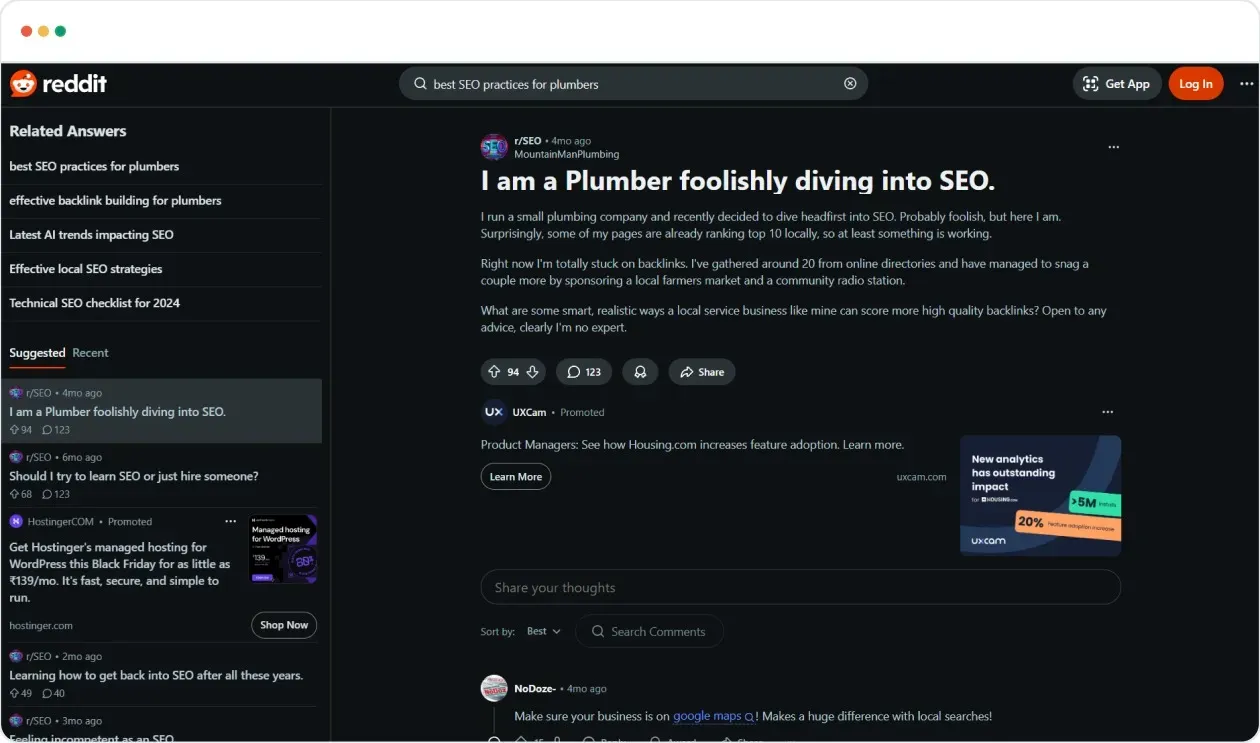A small plumbing company owner discusses their journey into SEO in a Reddit thread, focusing on challenges such as acquiring quality backlinks and the role of local SEO in improving rankings.