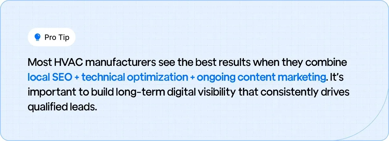 Pro tip for HVAC manufacturers: Combine local SEO, technical optimization, and consistent content marketing to build long-term digital visibility and attract qualified leads.