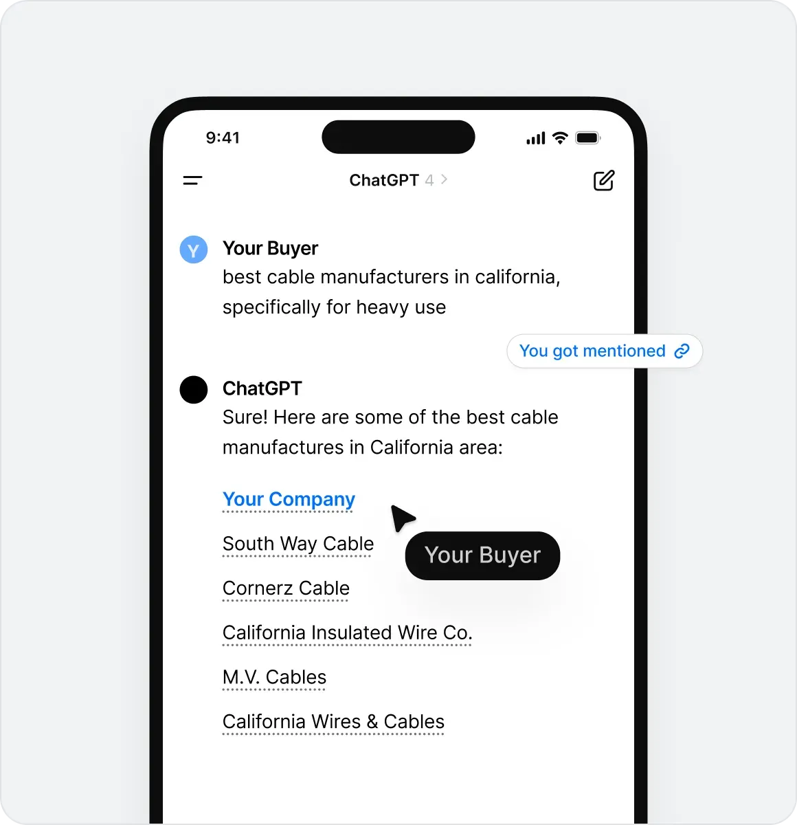 A ChatGPT answer on a phone that mentions your business to your buyer
